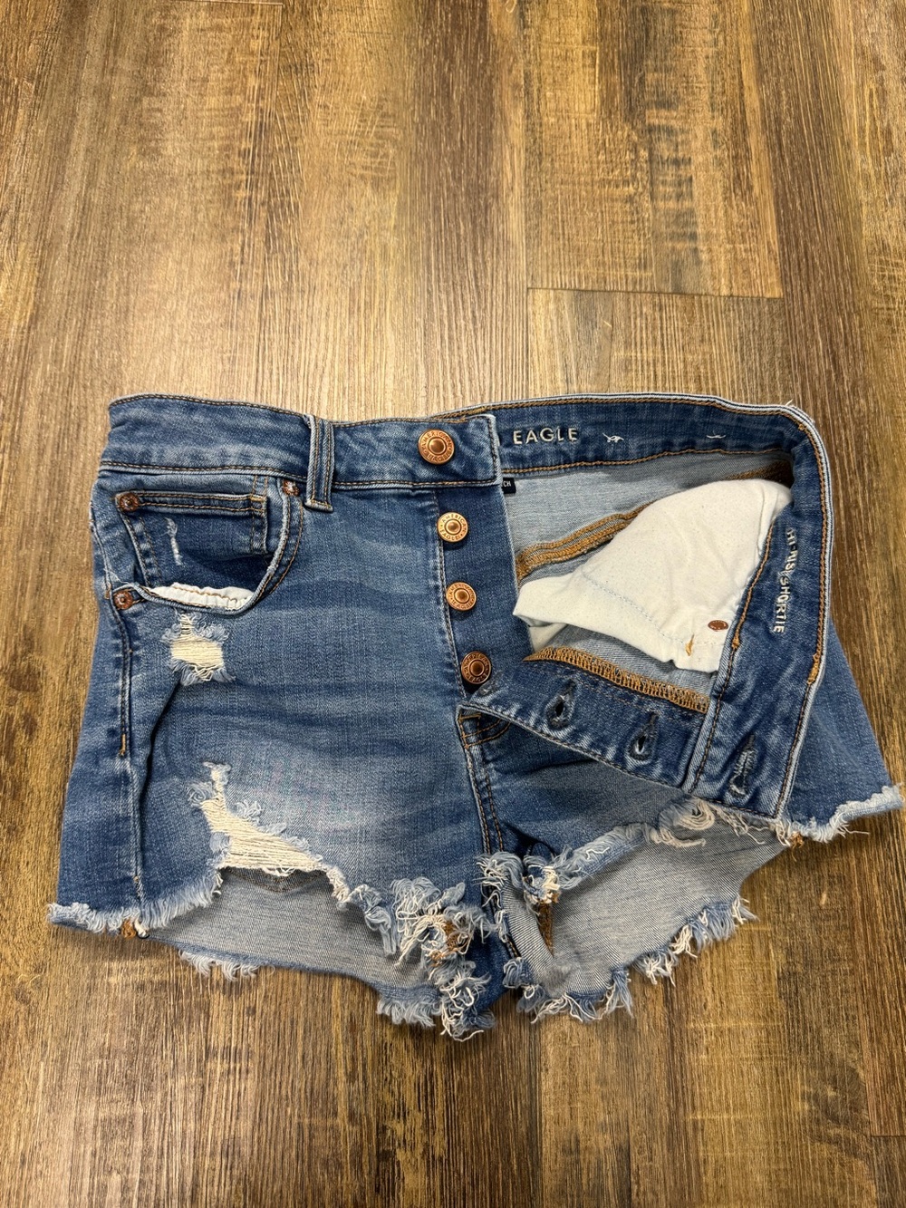 American Eagle Outfitters Blue Distressed High-Rise Denim Shorts Buttonfly